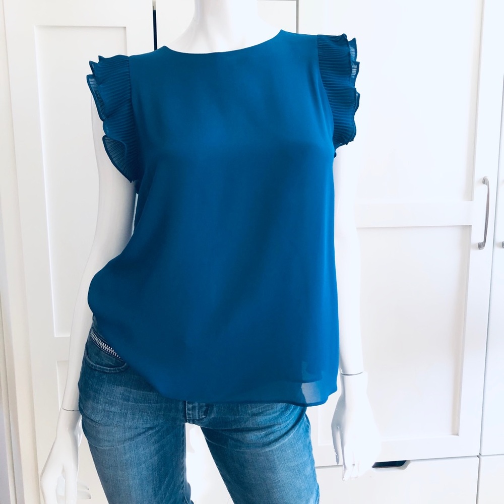 Pleated ruffle sleeve blouse in royal blue